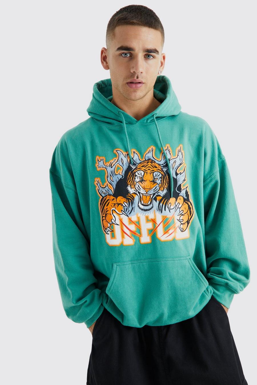 Military green Oversized Tiger Varsity Graphic Hoodie image number 1