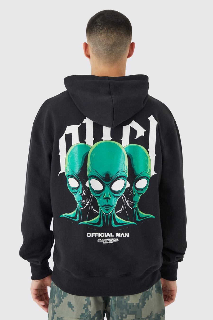 Black Oversized Offcl Alien Graphic Hoodie image number 1
