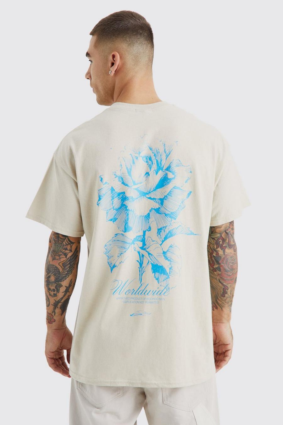 Camiseta oversize con estampado gráfico Worldwide de flores, Ecru image number 1