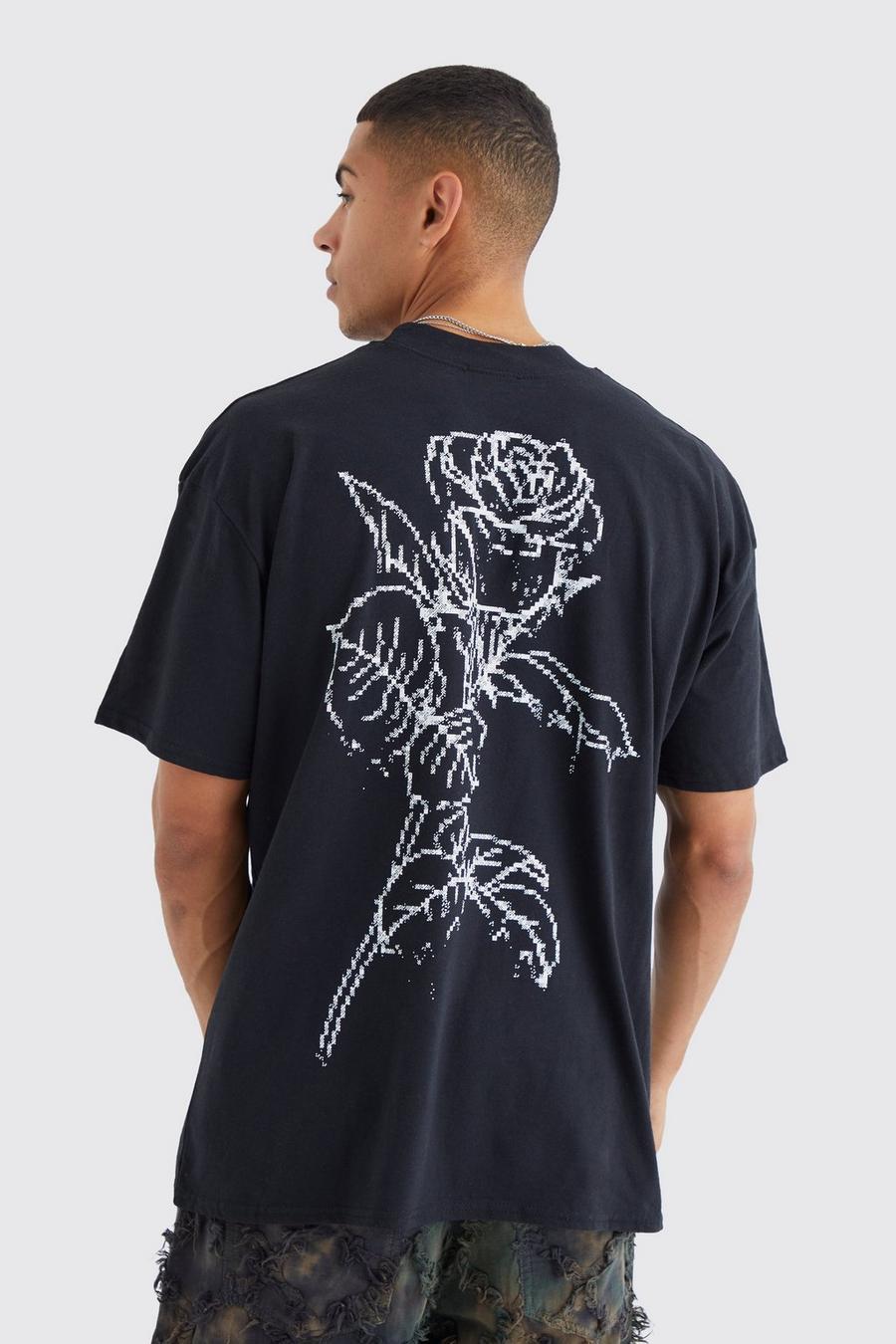Black Oversized Stencil Rose Graphic T-shirt