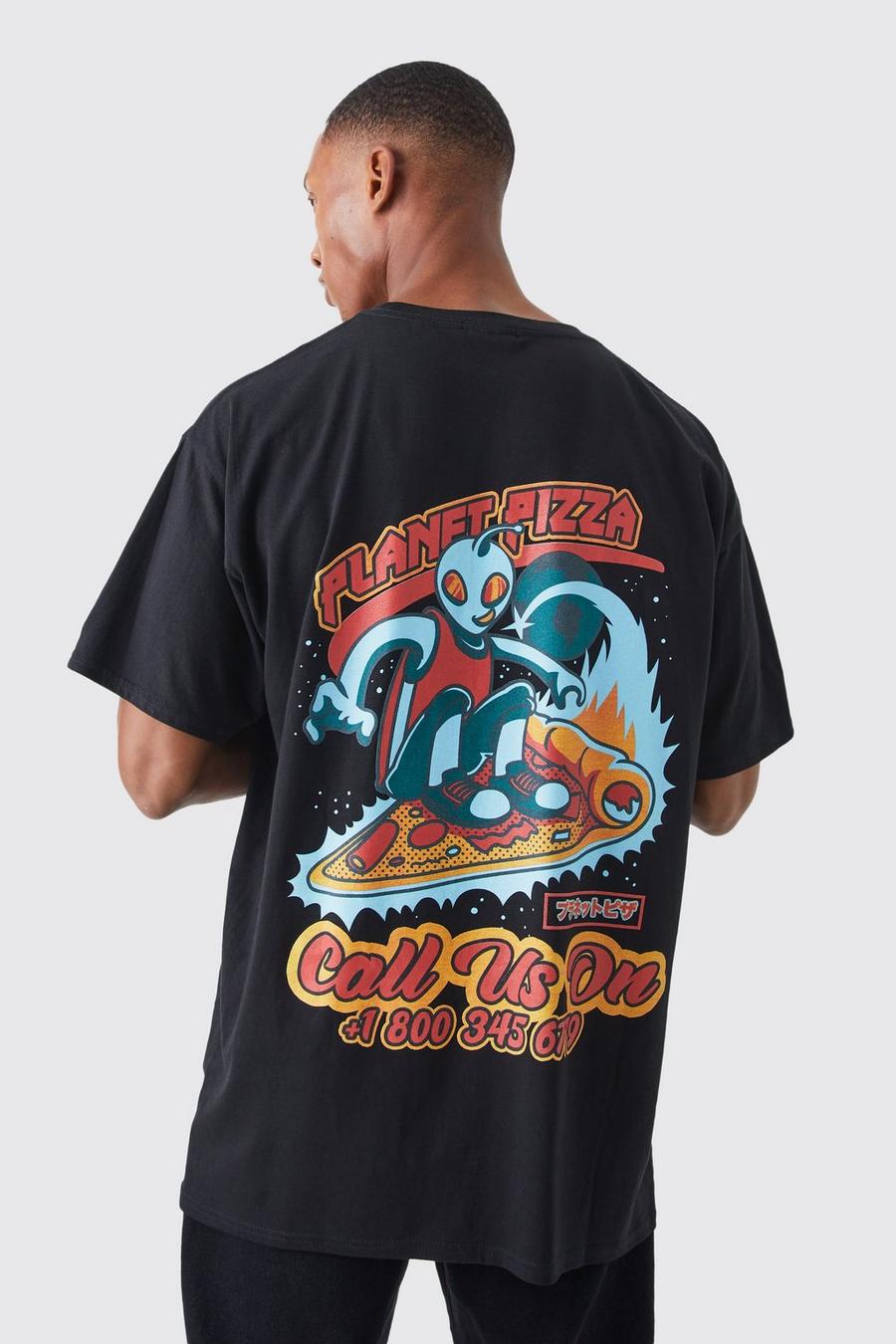 Black Oversized Space Pizza Graphic T-shirt image number 1