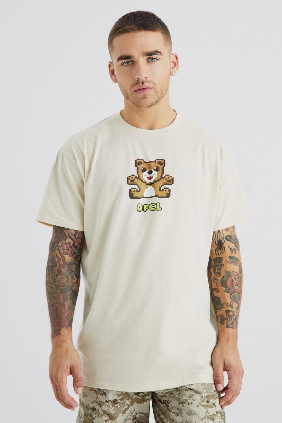 Stone beige Oversized Digital Bear T-Shirt Met Print