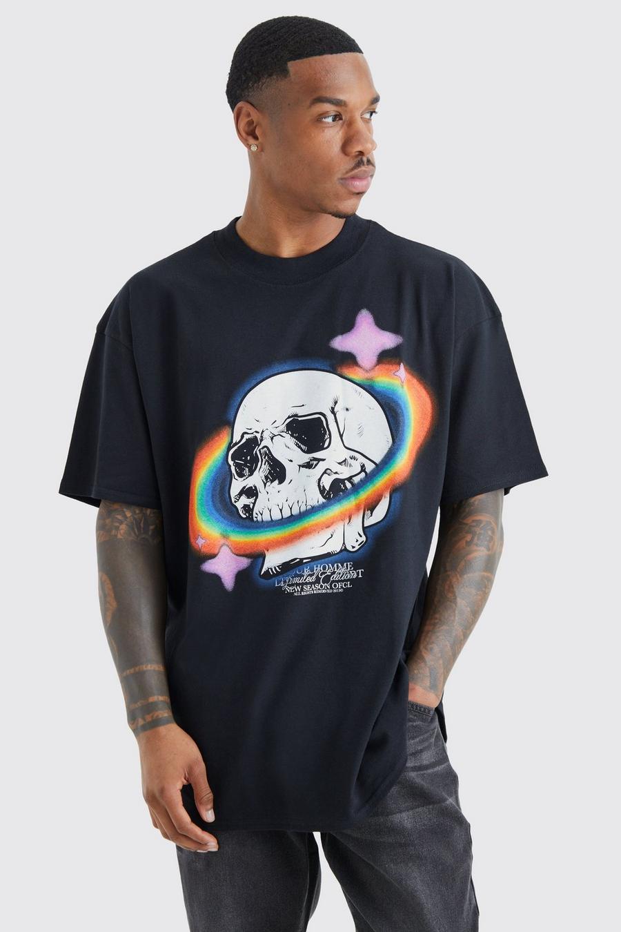 Black Oversized Rainbow Skull T-shirt