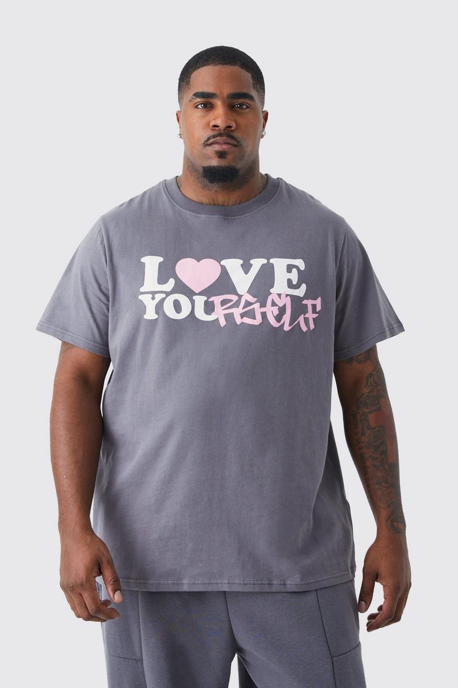 Charcoal grey Plus Slim Fit Love Yourself Print T-shirt