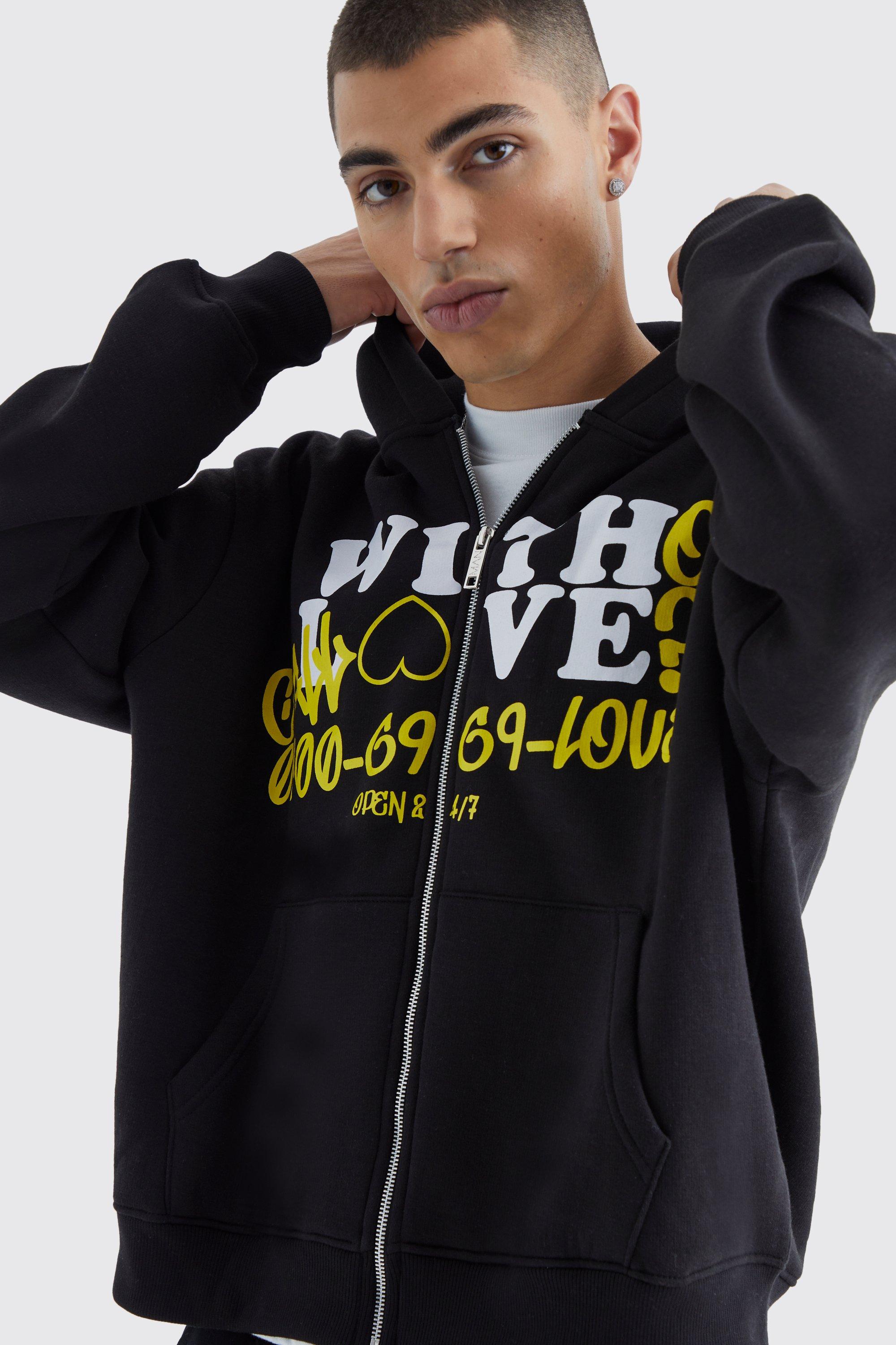 Boxy Without Love Print Zip Hoodie