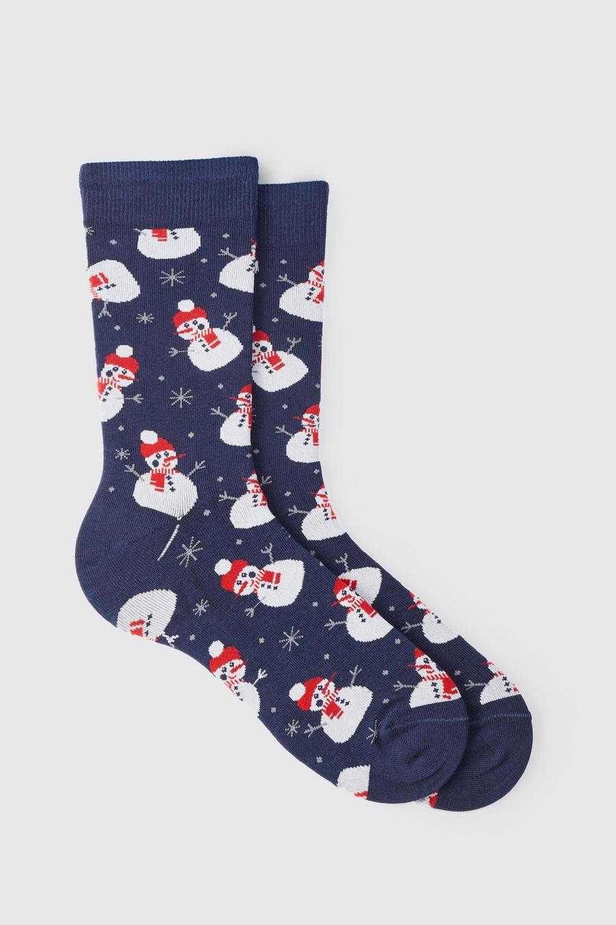 Navy Christmas Snowman Socks