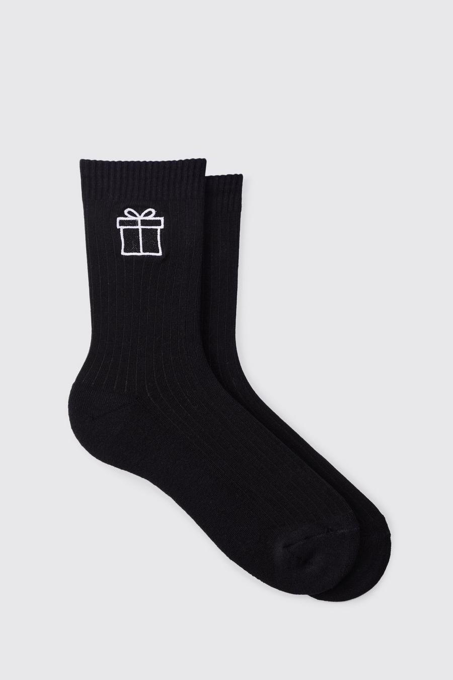 Black Christmas Present Embroidered Socks image number 1