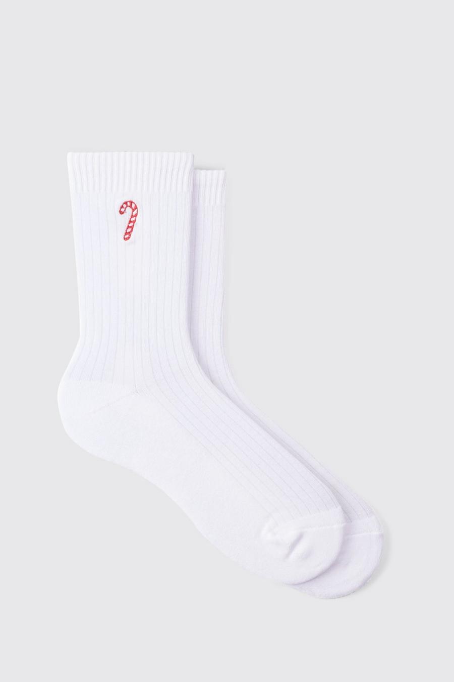 White blanc Christmas Candy Cane Embroidered Socks