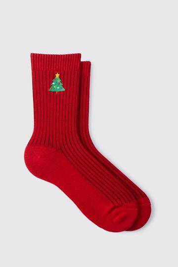 Red Christmas Tree Embroidered Socks