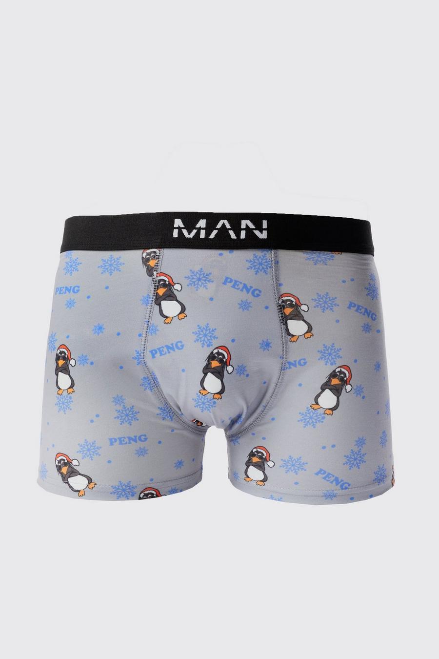Grey Christmas Penguin Print Boxers image number 1