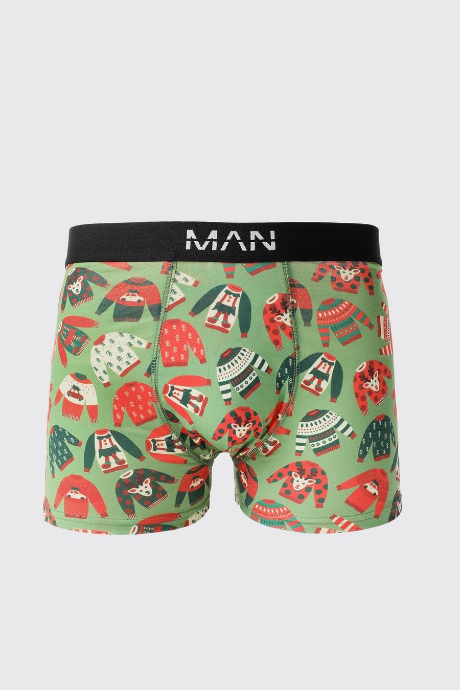 Green Christmas Jumper Print Boxers image number 1