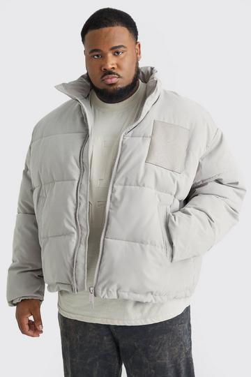 Grey Plus Boxy Oversized Pu Patch Peached Nylon Puffer