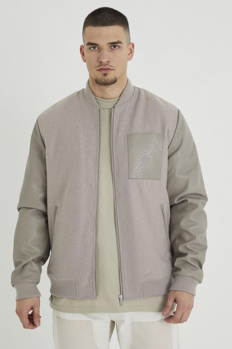 Grey Tall Regular Fit Melton & Pu Patch Bomber image number 1