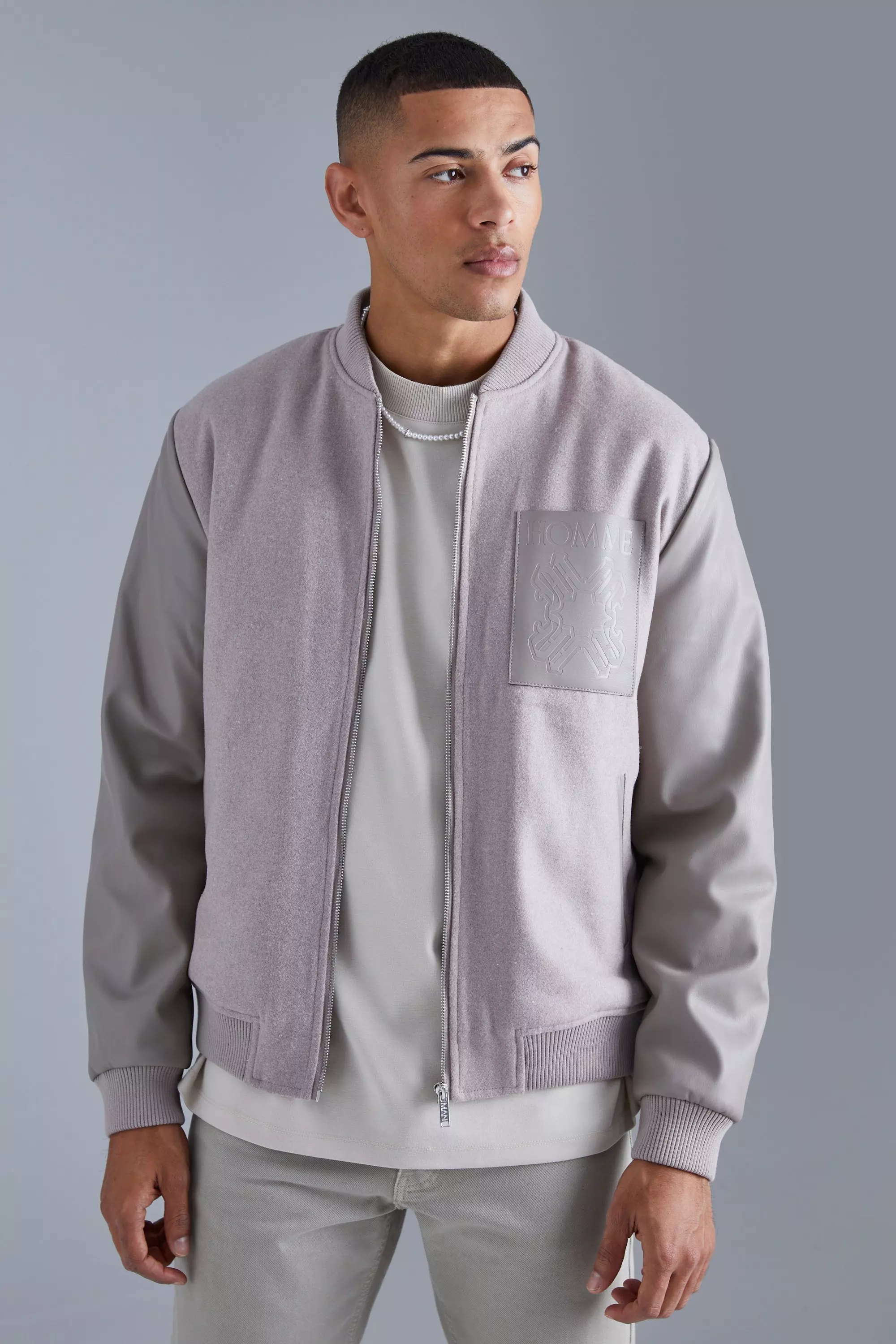 Grey Regular Fit Melton & Pu Patch Bomber alternative image