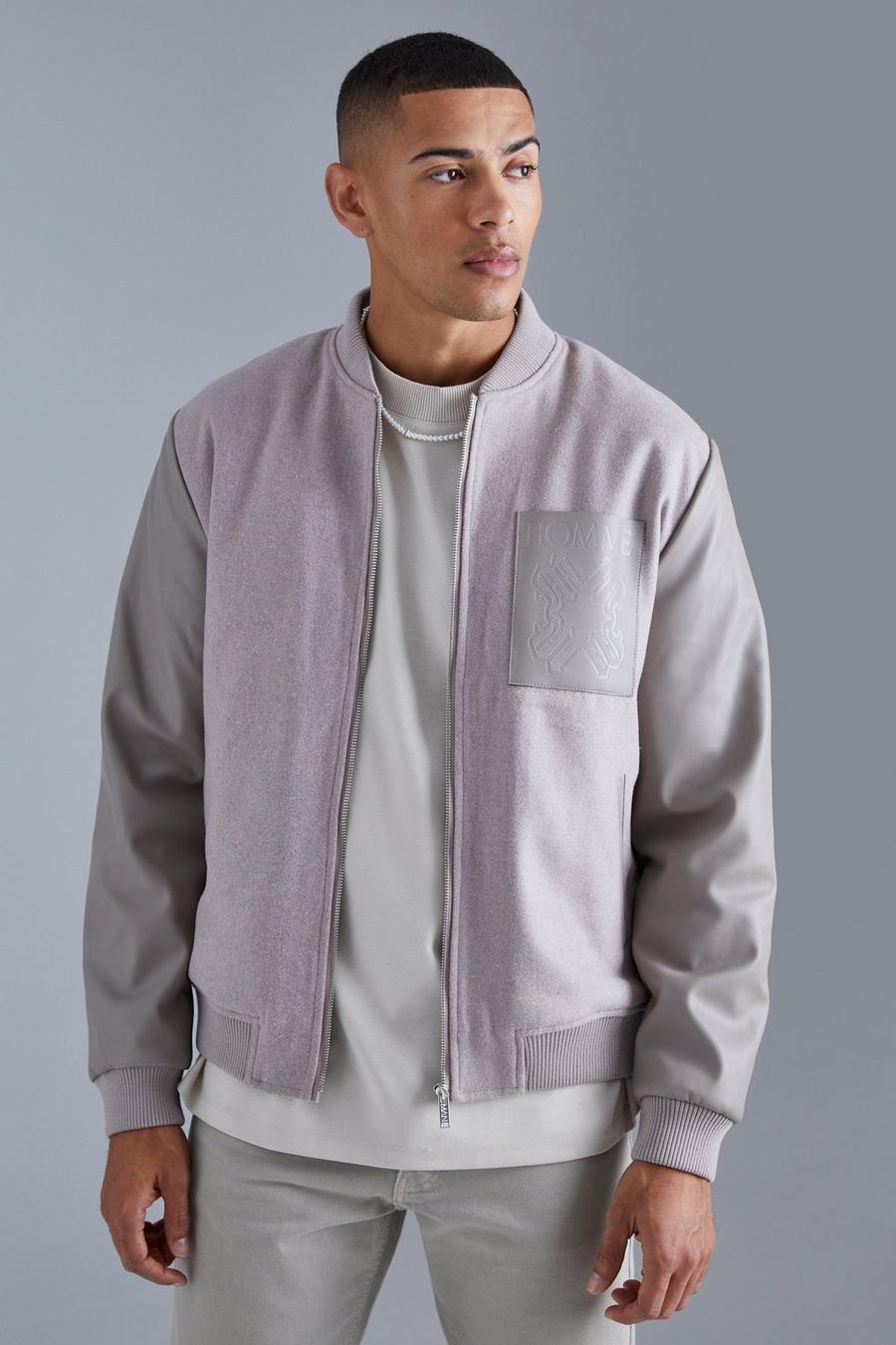 Giacca Bomber Regular Fit in melton & PU con toppe, Grey image number 1