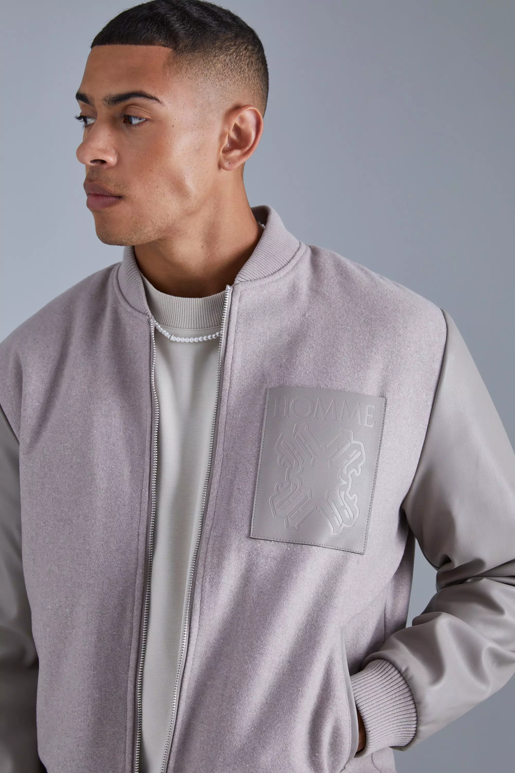 Grey Regular Fit Melton & Pu Patch Bomber alternative image