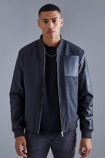 Black Regular Fit Melton & Pu Patch Bomber