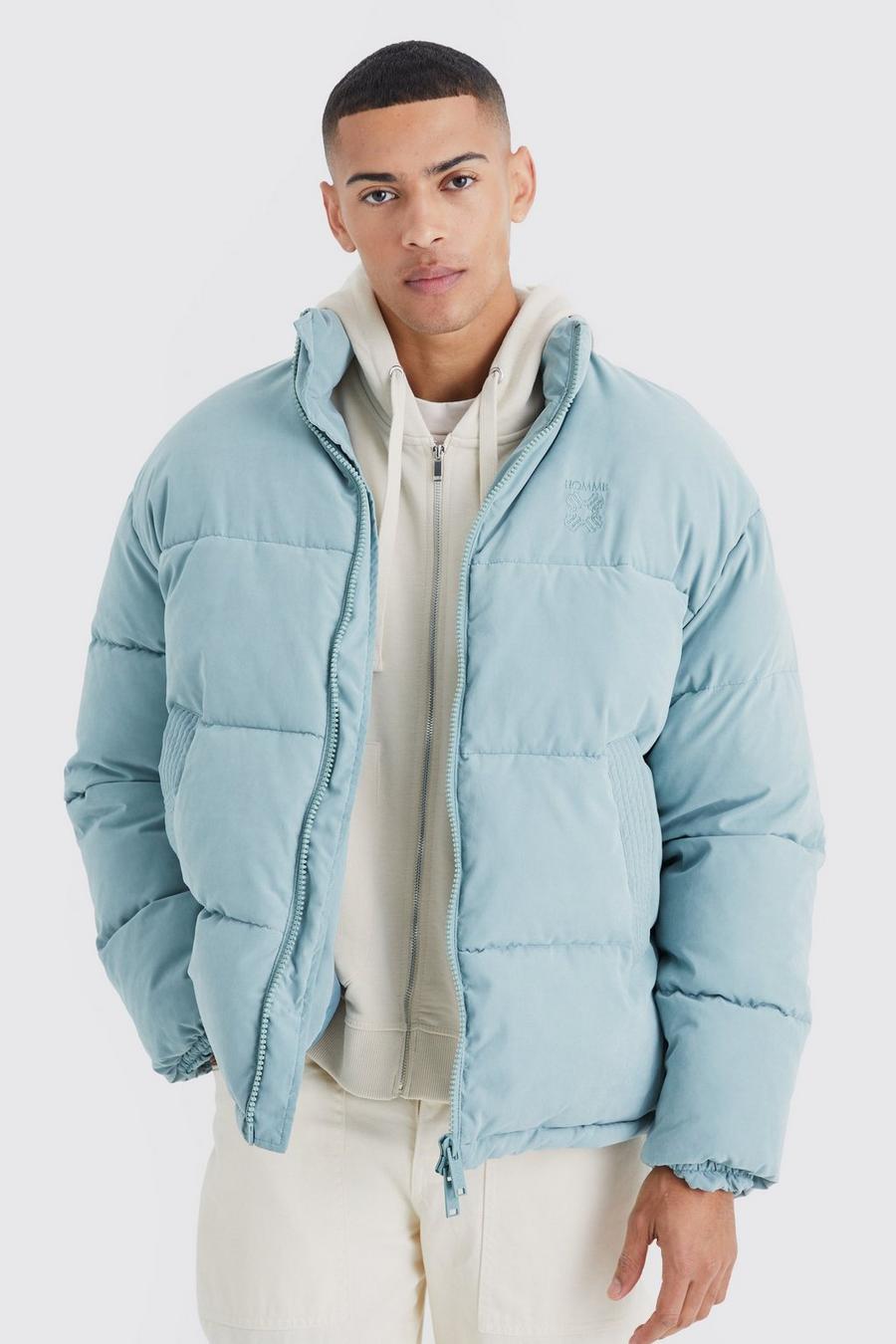 Blue Oversized Peached Nylon Embroidered Puffer image number 1