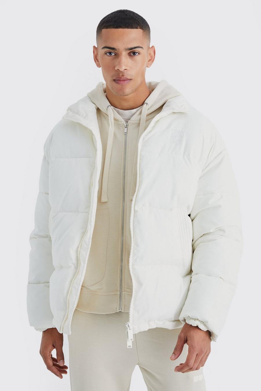 Ecru Oversized Peached Nylon Embroidered Puffer image number 1