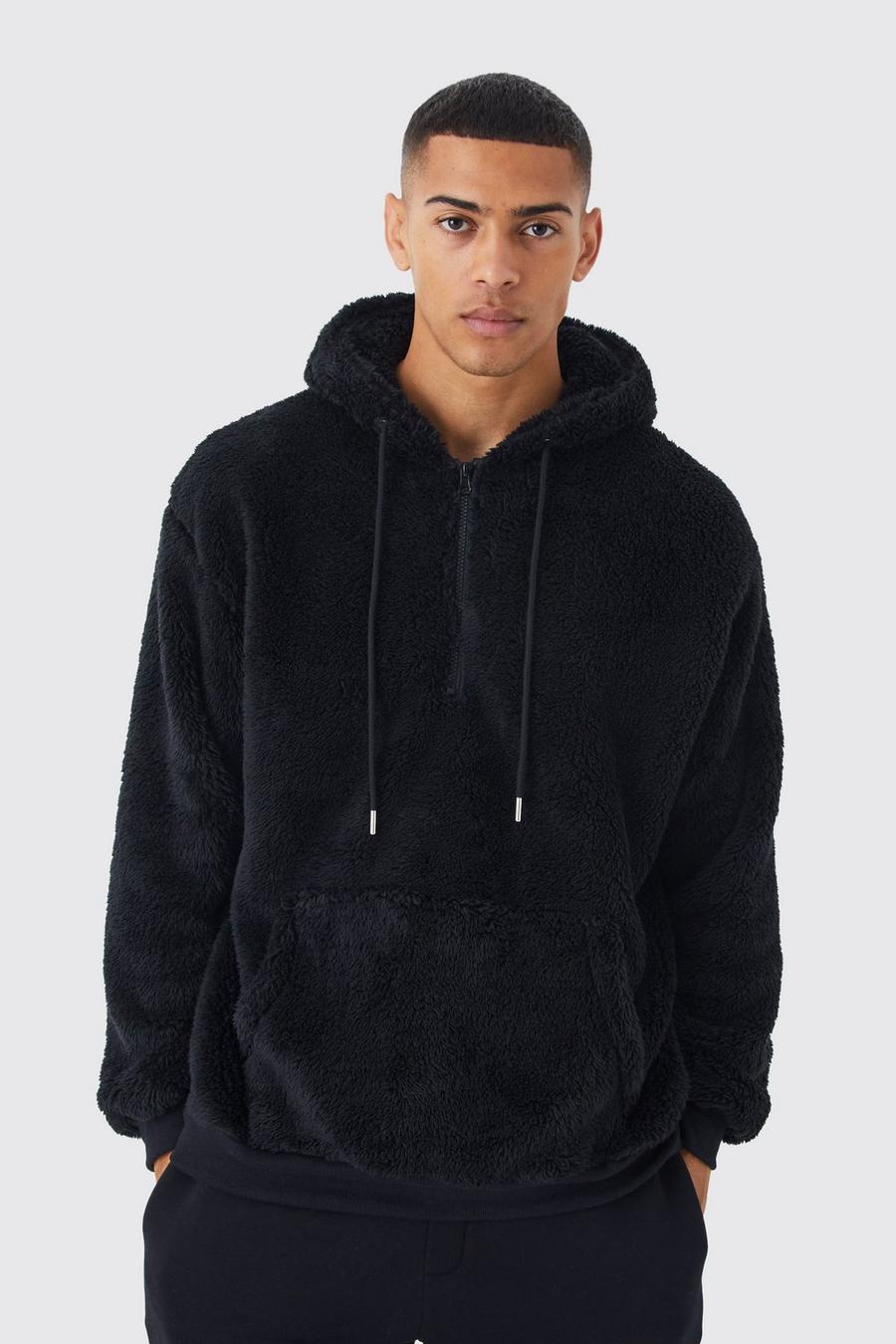 Black Oversize hoodie i teddy med kort dragkedja