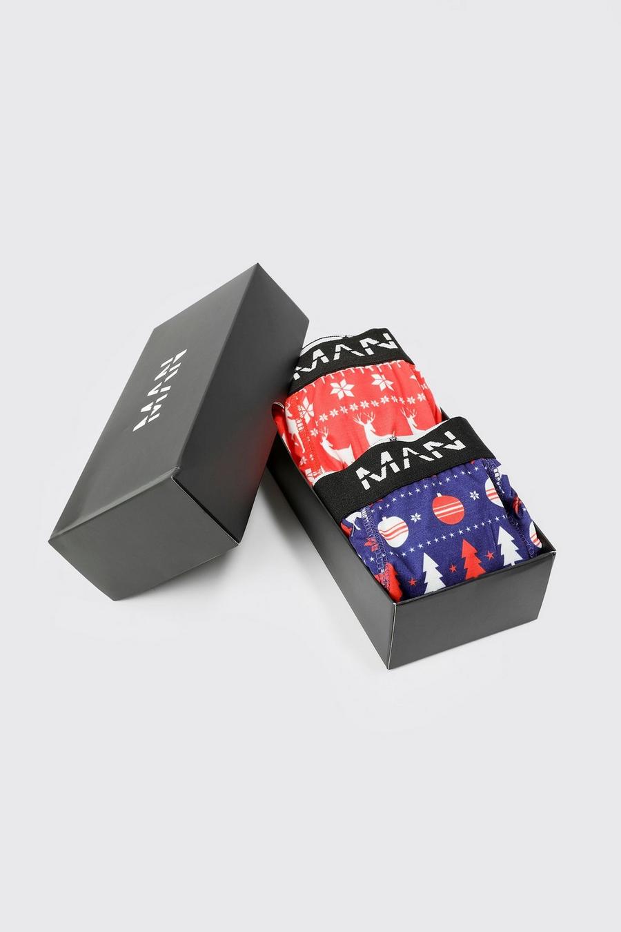 Multi Plus 2 Pack Fairisle Christmas Boxers Giftbox