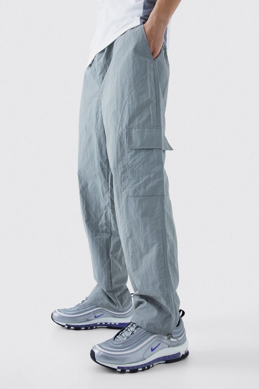 Pantaloni rilassati in nylon ripstop con cuciture a contrasto, Light grey