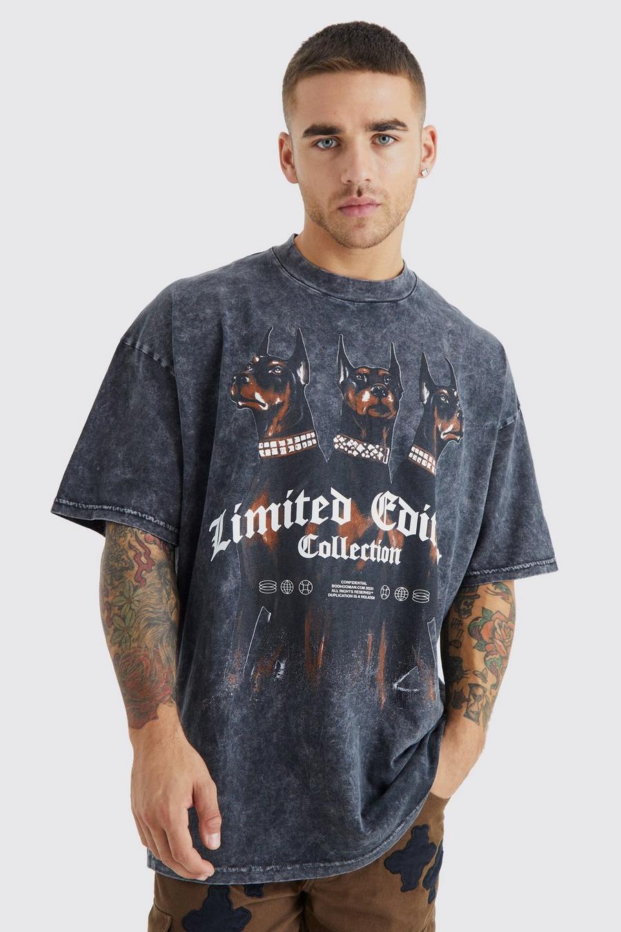 Charcoal grey Oversized Rottweiler Print Acid Wash T-shirt image number 1