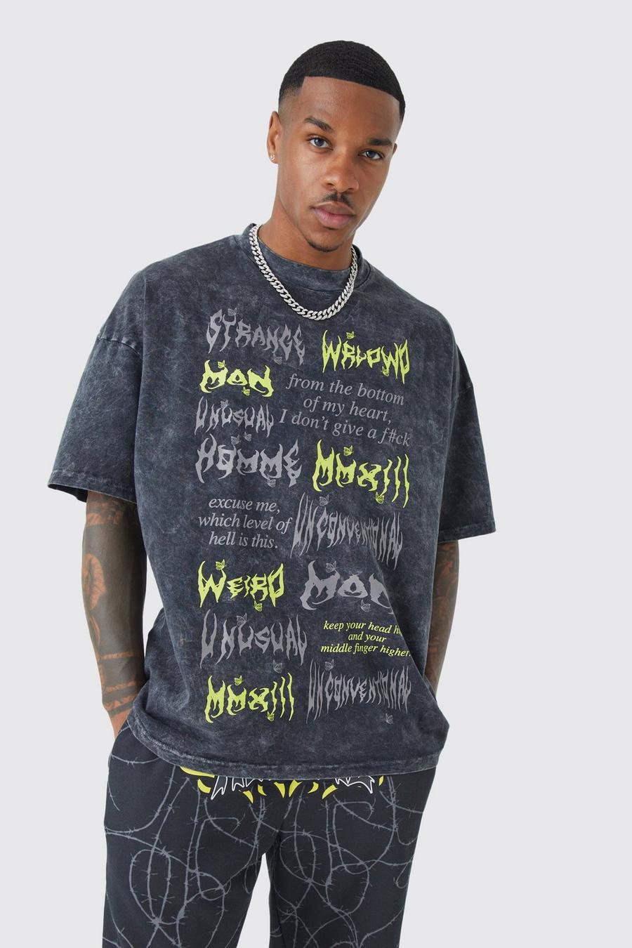 Charcoal gris Oversized Gothic Text Acid Wash T-shirt