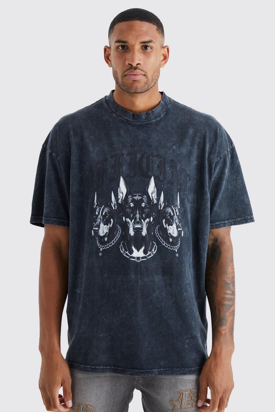 Black negro Tall Oversized Dog Print Acid Wash T-shirt