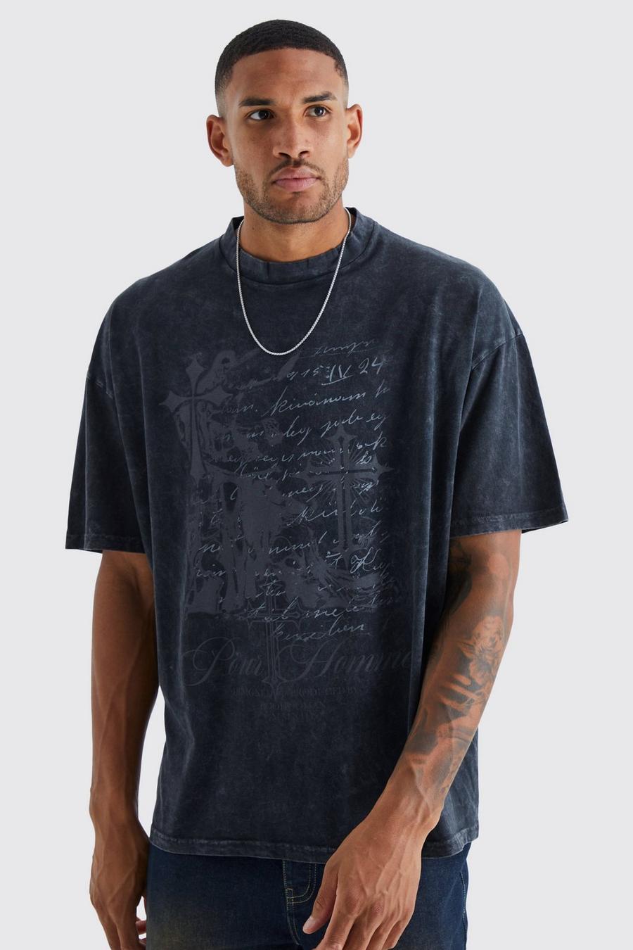 Black Tall Oversized Pour Homme Acid Wash T-shirt image number 1