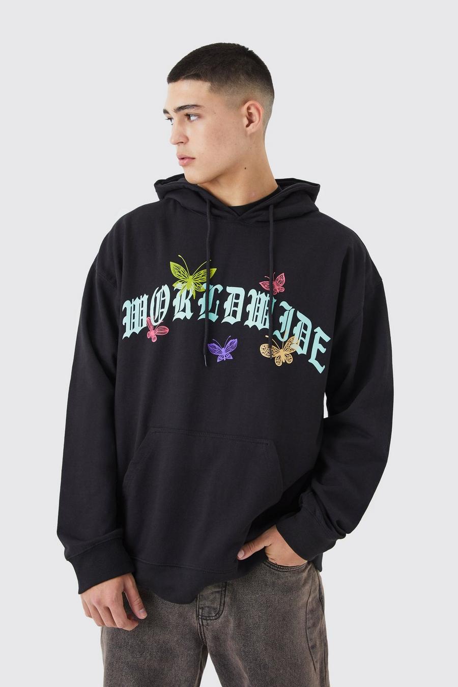 Black Oversized Worldwide Butterfly Graphic Hoodie image number 1