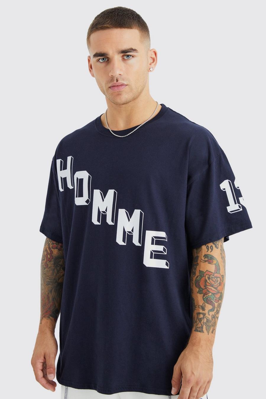 Navy Oversized Homme T-Shirt Met Print