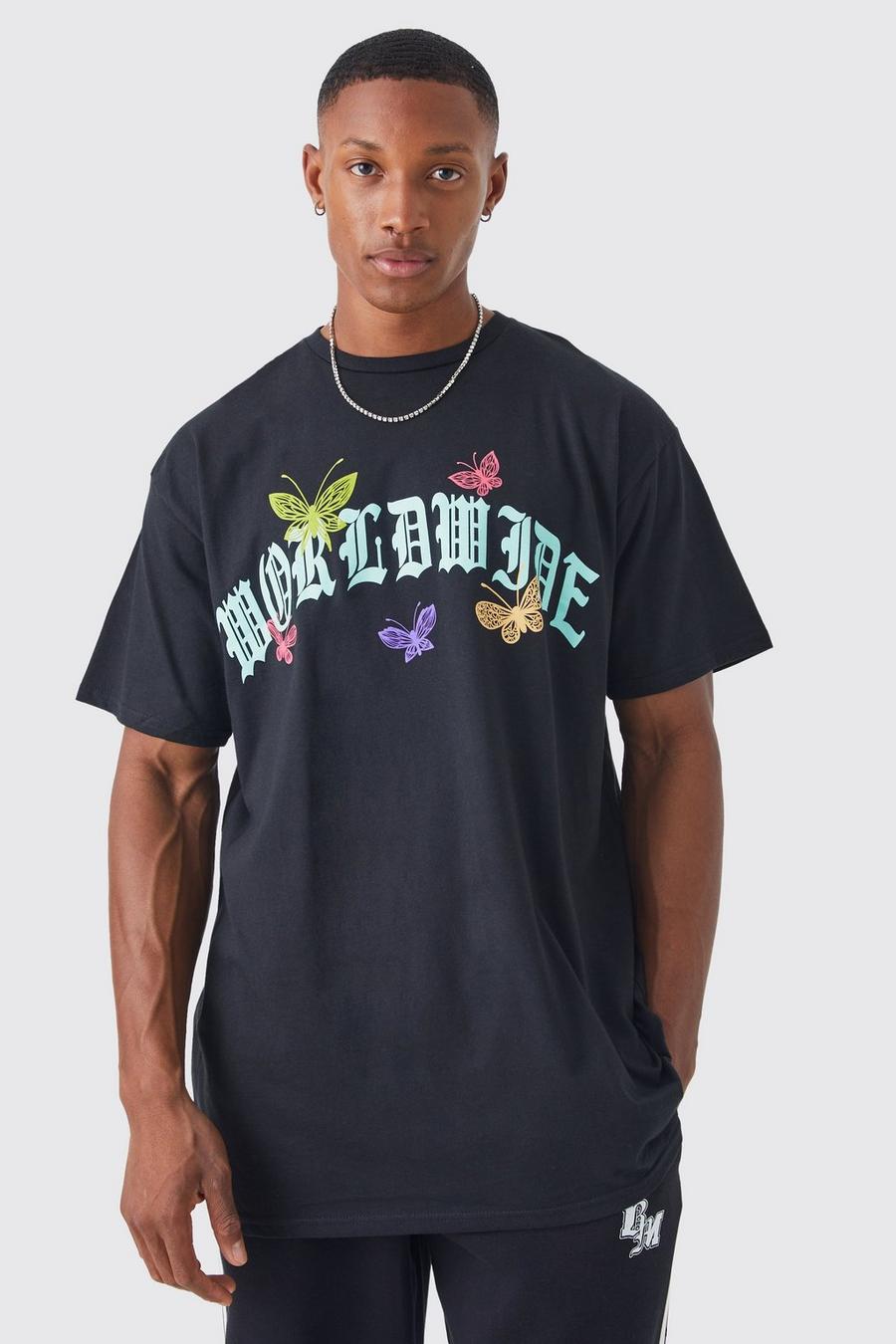 Black Oversized Worldwide Butterfly Graphic T-shirt