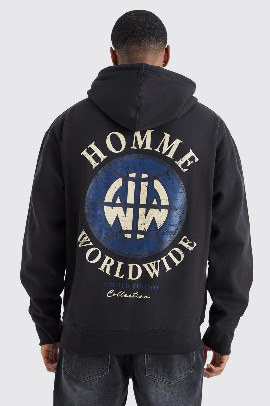 Black Oversized Homme Worldwide Graphic Hoodie image number 1