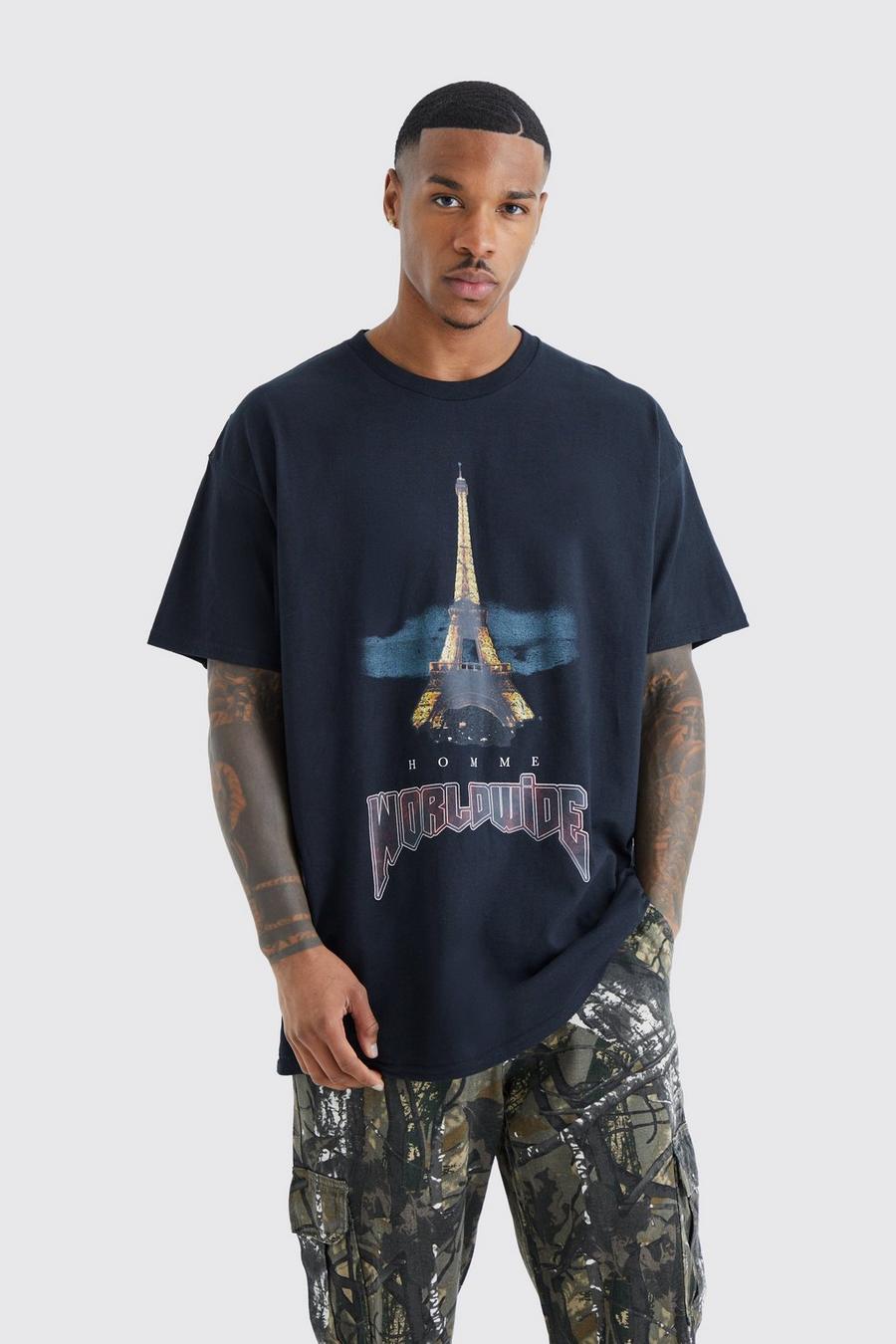 Camiseta oversize con estampado gráfico Pour Homme Paris, Black image number 1