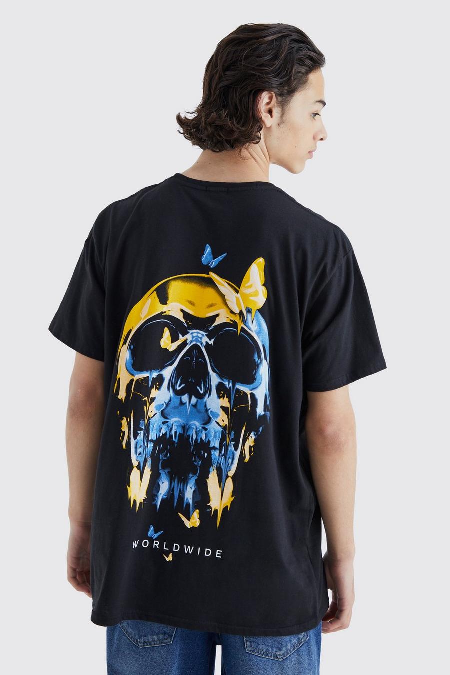 Black Oversized Skull Butterfly Graphic T-shirt image number 1