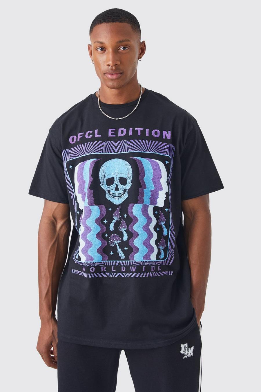Camiseta oversize con estampado gráfico Offcl de calavera, Black image number 1