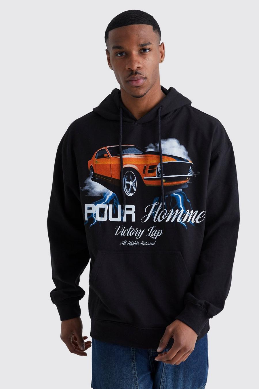 Sudadera oversize con capucha y estampado gráfico Pour Homme de coche, Black image number 1