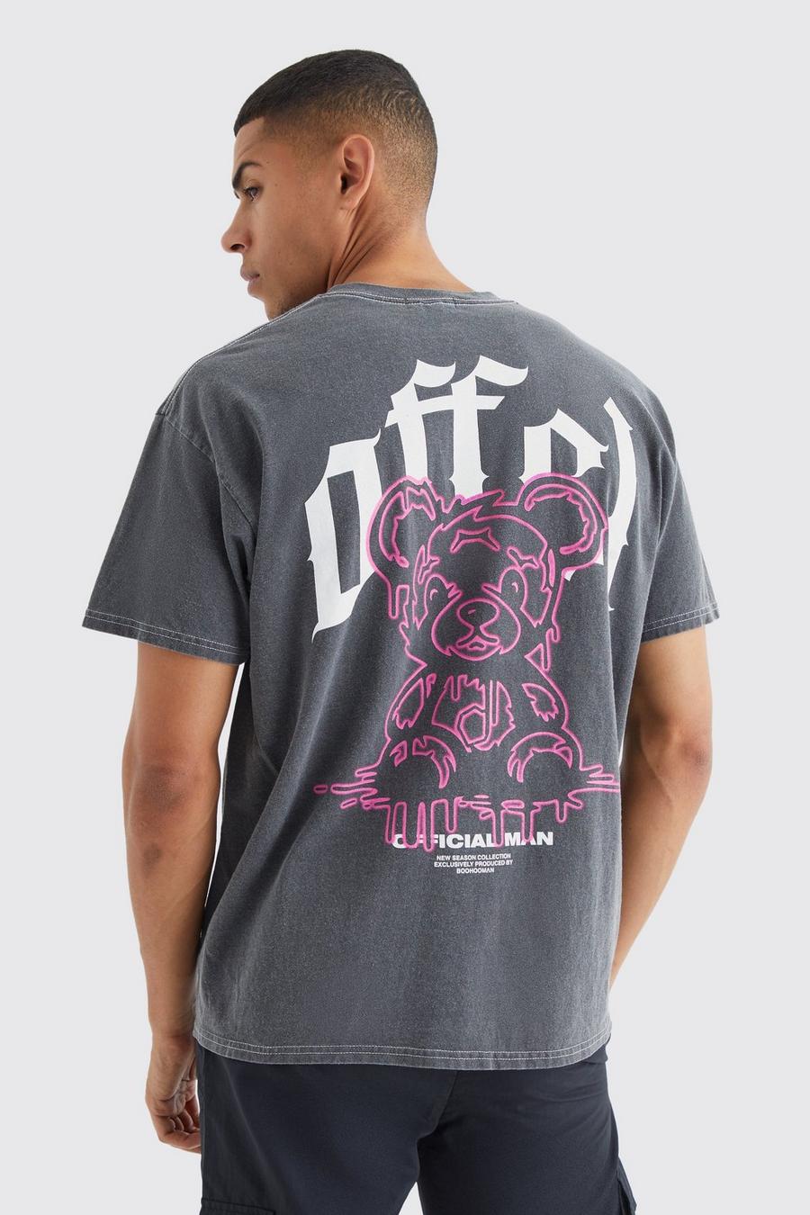 Charcoal grey Oversized Wash Offcl Bear Graphic T-shirt