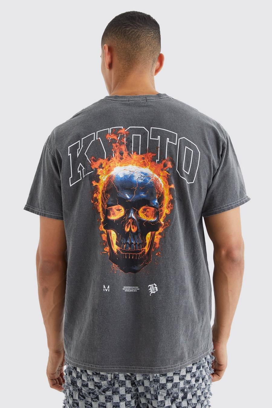 Charcoal grey Oversized Skull Wash Graphic T-shirt