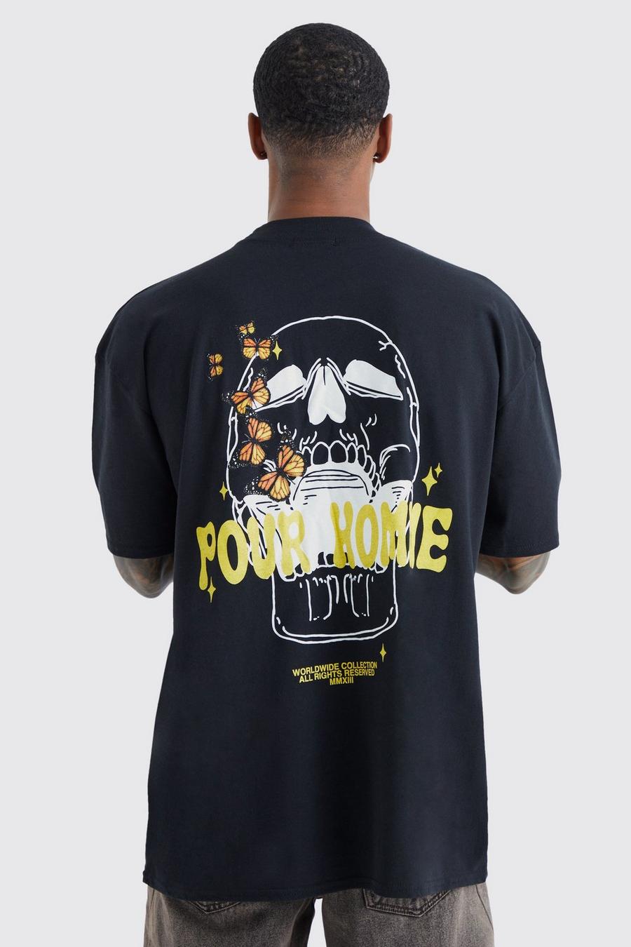 Camiseta oversize con estampado gráfico Pour Homme de calavera, Black image number 1