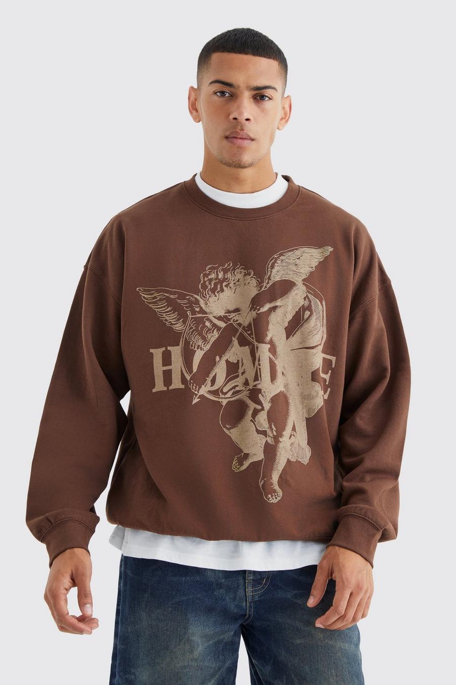 Felpa oversize con grafica Homme, Chocolate image number 1