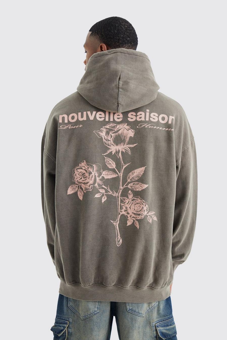 Grey Oversized Rose Wash Graphic Hoodie image number 1