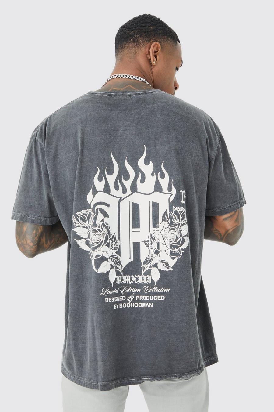 Camiseta oversize con lavado a la piedra y estampado gráfico gótico, Charcoal image number 1