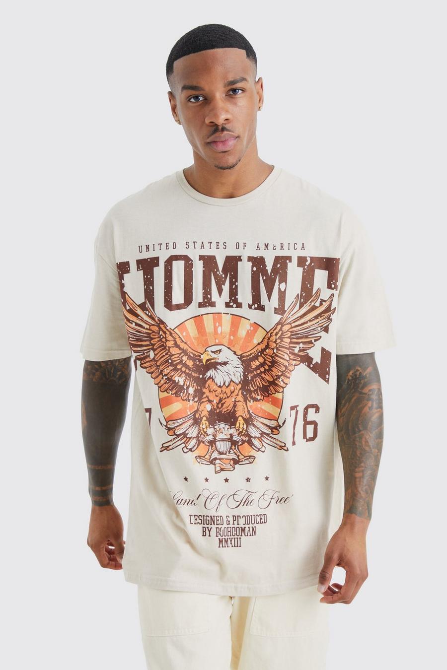 Camiseta oversize con estampado gráfico Homme desteñido de águila, Sand beis