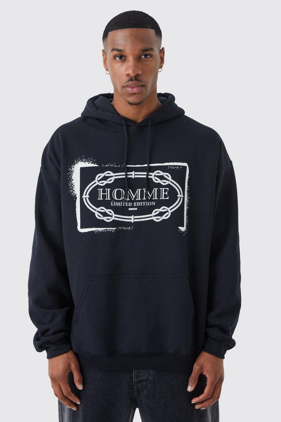 Oversize Hoodie mit Homme Print, Black image number 1