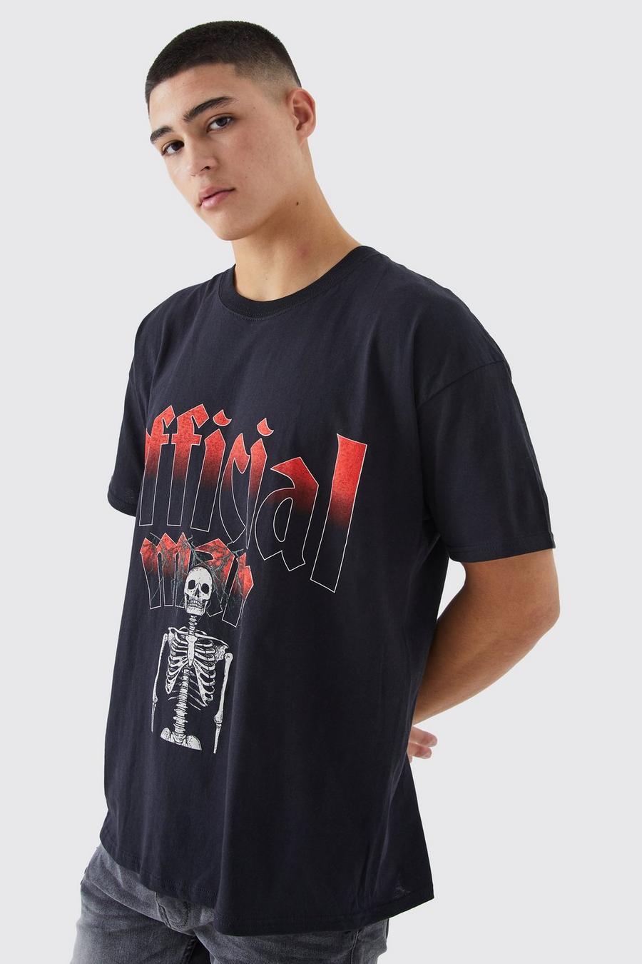 Black Oversized Skeleton Graphic T-shirt image number 1