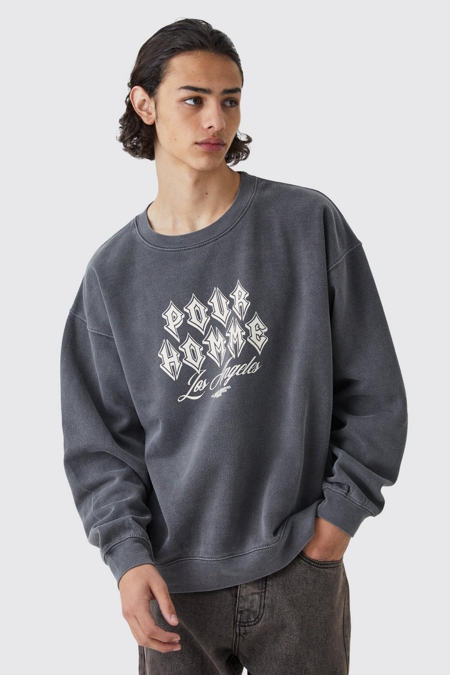 Charcoal grey Oversized Pour Homme Wash Graphic Sweatshirt 