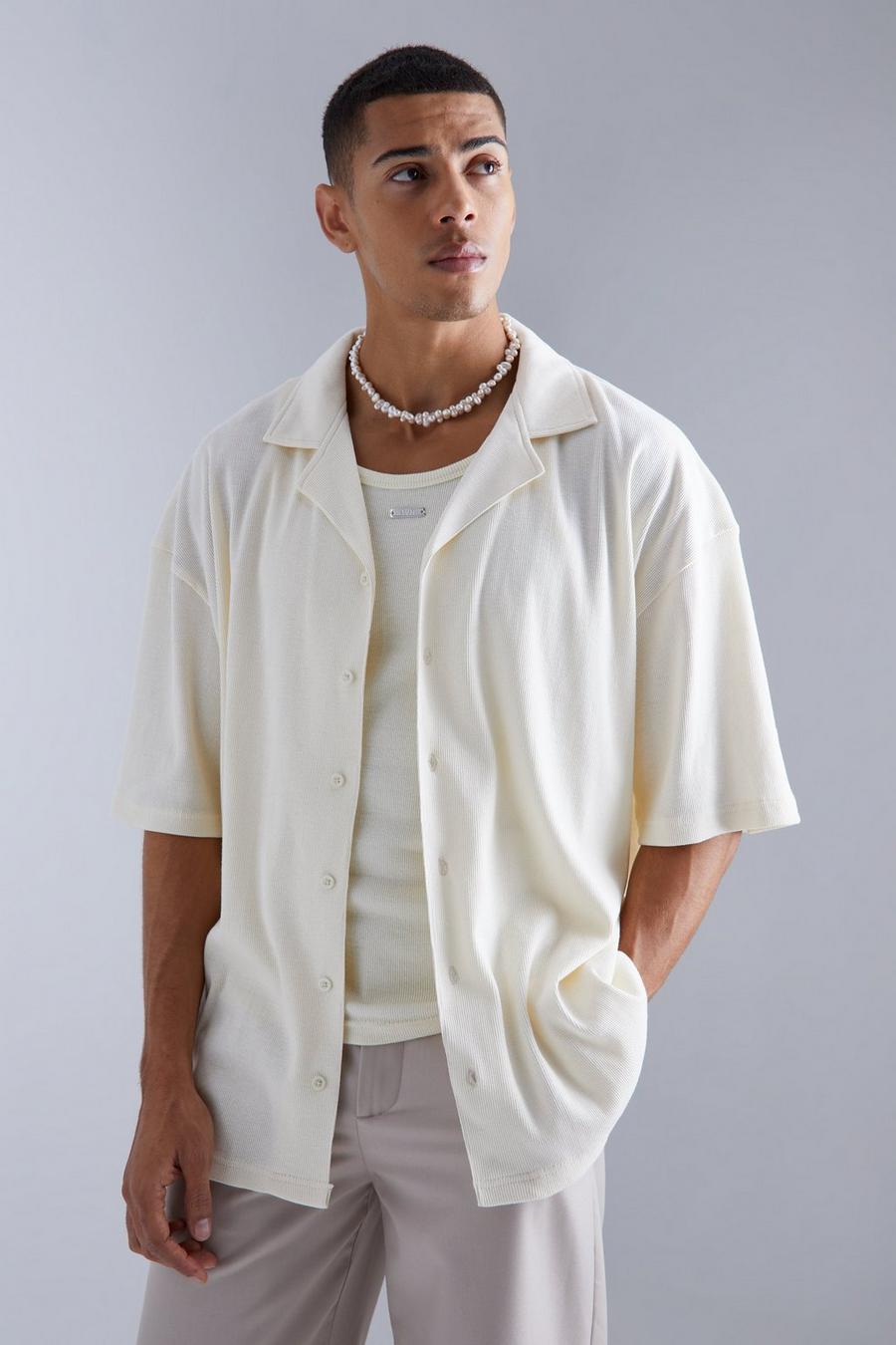 Kurzärmliges geripptes Oversize Jersey-Hemd, Ecru image number 1