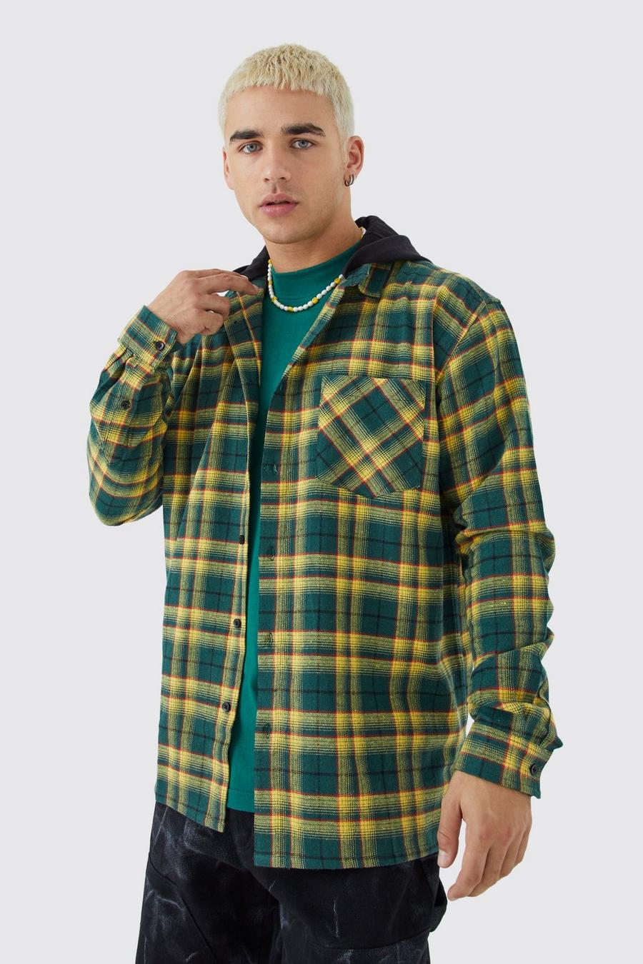Camisa oversize de tela jersey con capucha y estampado de cuadros, Multi image number 1